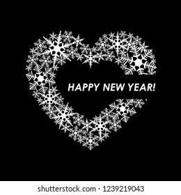 Christmas card with a heart of white snowflakes on a black background. Vector heart made of snowflakes - Happy New Year!