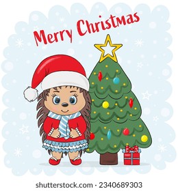 christmas card hedgehog in santa claus hat with christmas tree