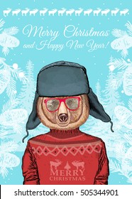 Christmas card, hipster animals, portrait of bear, merry christmas background 