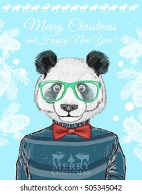 Christmas card, hipster animals, portrait of panda 