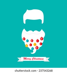 Christmas card with hipster Santa Claus  mustache and beard with beard baubles, vector illustration 