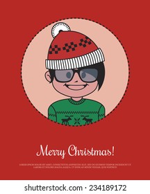 Christmas card with hipster Santa in red knitted hat and glasses
