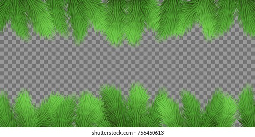 Christmas card. Holiday background with fir twigs on transparent background. Evergreen tree branches horizontal long border. Vector illustration, eps 10