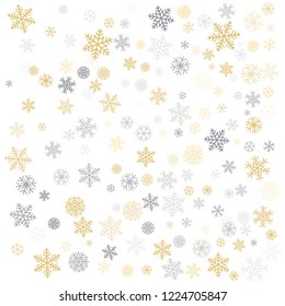 Christmas card, Holiday background with snowflakes and text. New Year backdrop. Vector illustration. Winter gold and silver snow minimal decoration on white, greeting card. 