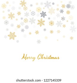 Christmas card, Holiday background with snowflakes and text. New Year backdrop. Vector illustration. Winter gold and silver snow minimal decoration on white, greeting card. 