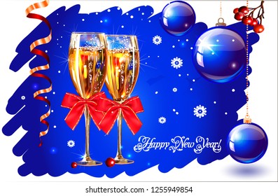 Christmas card for the holiday with Christmas balls, wine glasses.