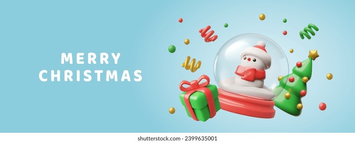 Christmas card, holiday banner with realistic volume render 3d vector illustrations. Cute toys, fir tree, snowman inside a snow globe and a gift box with a bow. Design template with holiday objects