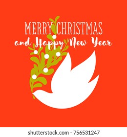 Christmas card with holiday greetings and white dove holding mistletoe bunch