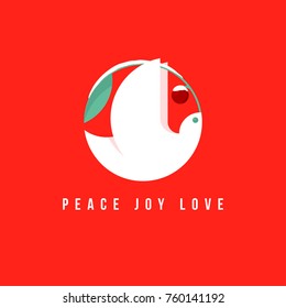 Christmas card with holiday greetings and white dove holding snowy branch