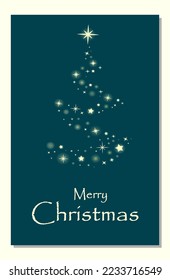 Christmas card. Holiday card, poster, cover with Christmas tree. Christmas tree with gold stars on a dark background. Vector illustration. 