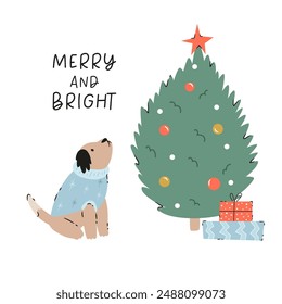 Christmas card with a holiday scene with funny dog in a knitted sweater and fir tree. Greeting card design, hand drawn illustration