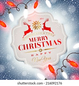 Christmas card with holiday type design and Christmas light