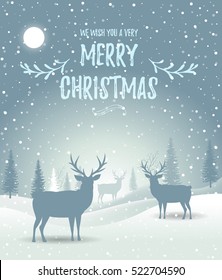 Christmas card. Holiday winter landscape. Winter christmas background with fir tree. Merry Christmas handdraw style lettering . Silhouettes of deer in a winter landscape. Vector illustration. EPS 10