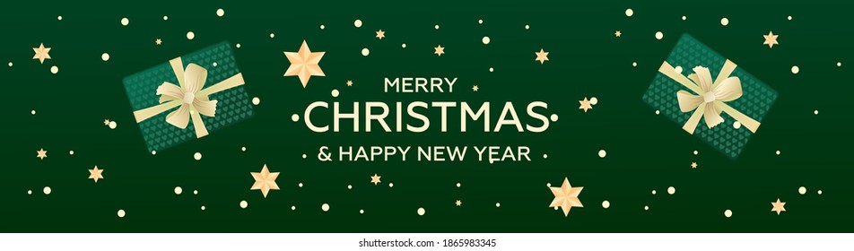 Christmas card with holiday wishes and composition of holiday elements such as Christmas tree decorations, snowflakes, stars, gifts, confetti. Christmas poster, holiday banner, flyer, stylish brochure