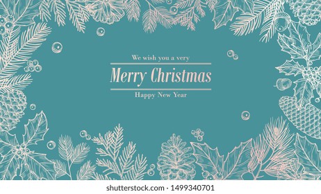 Christmas card. Holidays background, invitation. Winter fir pine branches, pinecones floral border. Christmas, xmas banner template