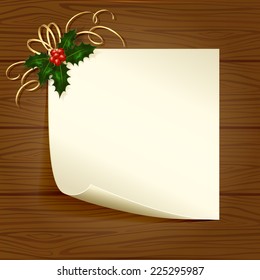 Christmas card with Holly berries on wooden background, illustration.
