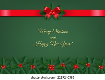 Christmas Card With Holly Berry With Gradient Mesh, Vector Illustration