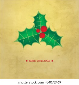 Christmas card with holly berry leaves on vintage paper background