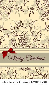 Christmas card with holly berry pattern and red bow