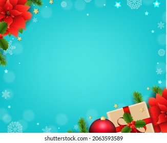 Christmas Card With Holly Berry And Poinsettia Mint Background With Gradient Mesh, Vector Illustration.