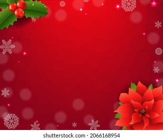 Christmas Card With Holly Berry And Poinsettia With Gradient Mesh, Vector Illustration