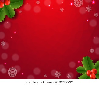 Christmas Card With Holly Berry Red Background With Gradient Mesh, Vector Illustration