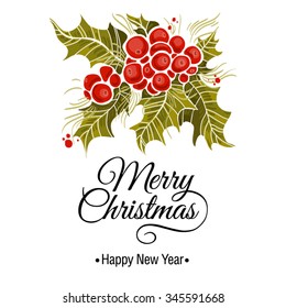 Christmas card with holly branch and inscription on a white background