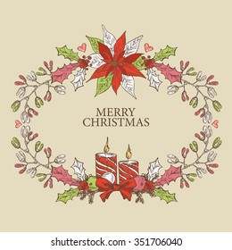 Christmas card with Christmas holly, candle and mistletoe, drawing