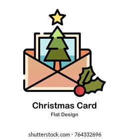 Christmas Card and holly flat vector Illustration