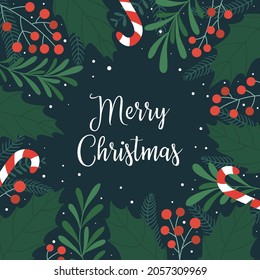 Christmas card with holly leaves and berries, candy cane, snow and the inscription Merry Christmas.