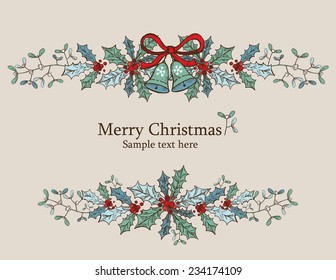 Christmas card with Christmas holly and mistletoe, drawing 