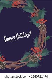 Christmas card, holly wreath. Watercolor illustration (vertically long A3,A4 ratio)