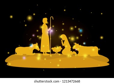 christmas card with holy family and animals