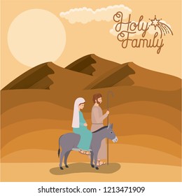 christmas card with holy family traveling in desert