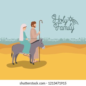 christmas card with holy family traveling in desert