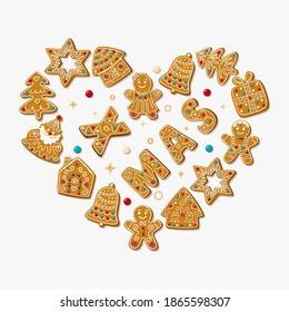 Christmas card with homemade Gingerbread Cookies folded in the shape of a Heart on a white background. Vector illustration