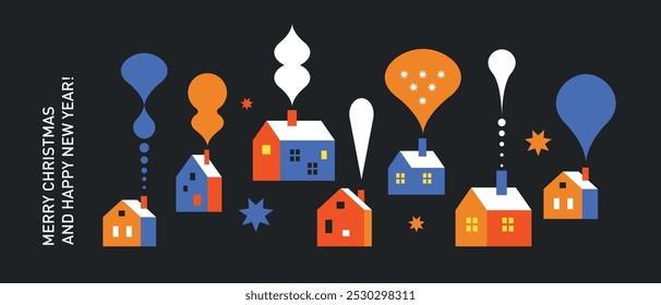 Christmas Card, horizontal banner  in geometric style, set of christmas houses, smoke coming from the chimney