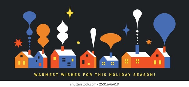 Christmas Card, horizontal banner  in geometric style, set of christmas houses, smoke coming from the chimney