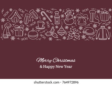 Christmas card or horizontal banner with holiday icons. White silhouettes of a snowman, Santa cap, ball, gift, lantern, sweater on a tawny background. Sketch hand drawing style. Vector illustration.