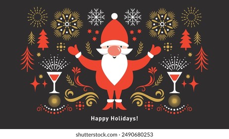 Christmas Card, horizontal banner, Seasons greetings theme, cute Santa and decorative elements on a black, vector illustration in geometric flat style