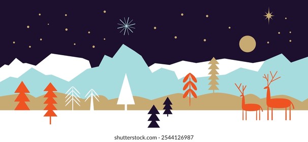 Christmas Card, Christmas horizontal illustration in geometric decorative scandinavian style, winter nordic landscape