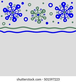 Christmas card with horizontal snowflakes design on gray background. Winter card copy space (place for your text). Merry Christmas, New Year and Happy Holiday vector illustration.