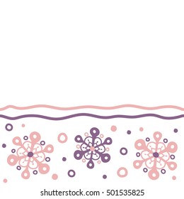 Christmas card with horizontal violet snowflakes on white background. Snowflakes background with place for your text. Winter card Merry Christmas, New Year and Happy Holiday vector illustration.