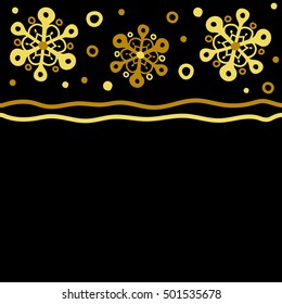 Christmas card with horizontal yellow snowflakes on black background. Snowflakes background with place for your text. Winter card Merry Christmas, New Year and Happy Holiday vector illustration.