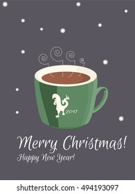 Christmas card. Hot coffee in green cup. Winter background. Symbols of  New Year - Rooster silhouette. Merry Christmas! Happy New Year