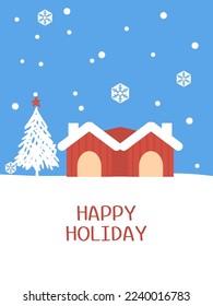 Christmas card with house cartoon, pine tree, stars, snowflakes, hand written fonts on blue background vector illustration.