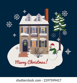 christmas card with house, fir tree and snowman. Vector design for paper, fabric and other surface