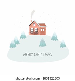 Christmas card with house, Merry Christmas. Vector illustration isolated on white background.