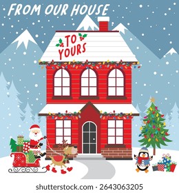 Christmas card with Christmas house, Santa, sleigh and reindeer