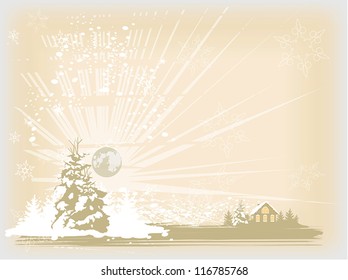 Christmas card with house, snow and moon